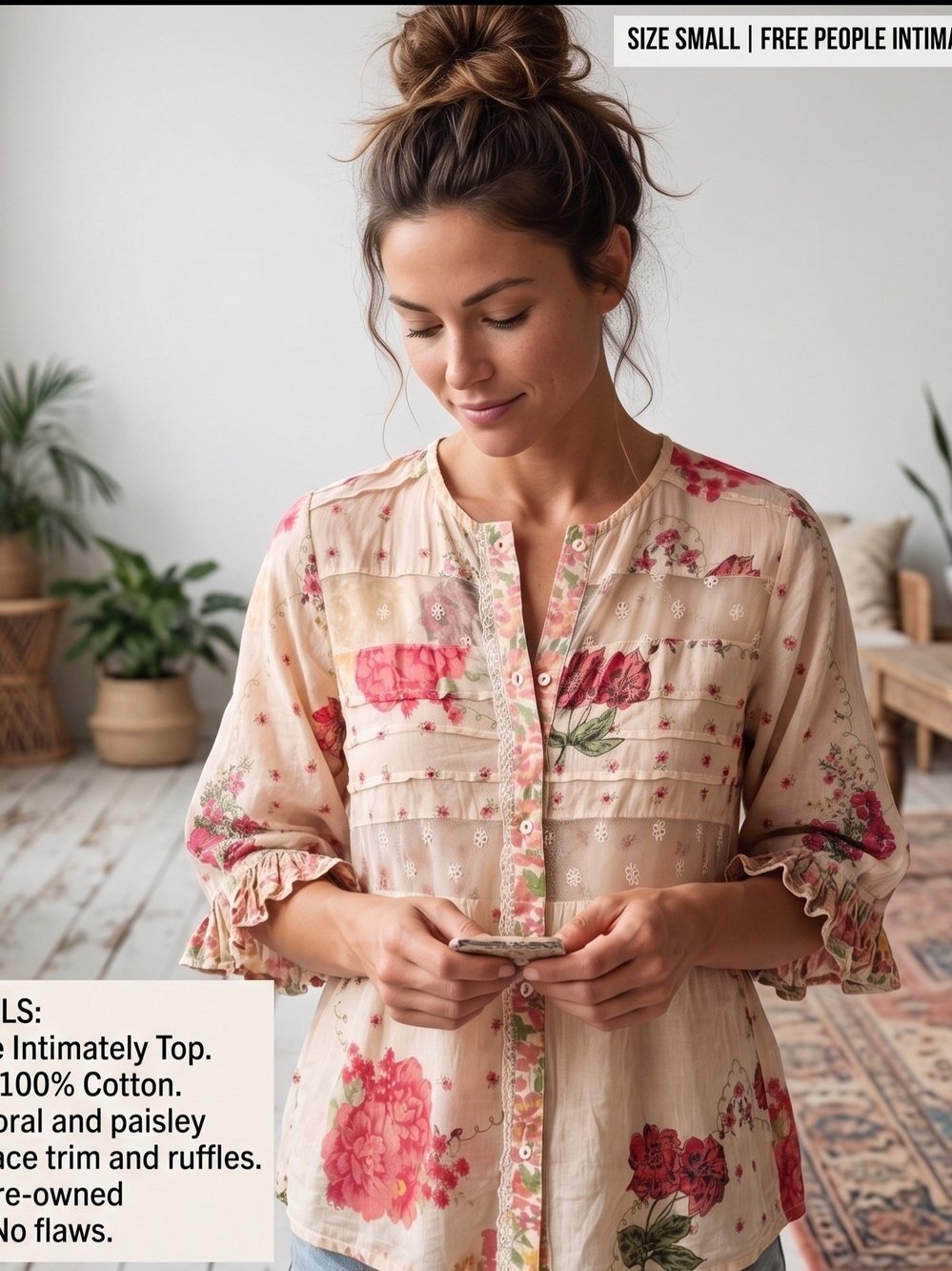 Free People Cream Floral Pintuck Peasant Blouse